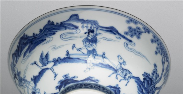 青花山水仕女圖碗