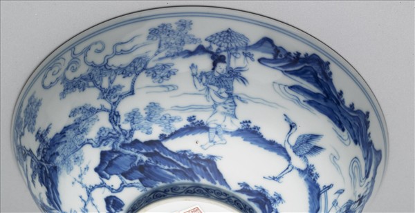 青花山水仕女圖碗