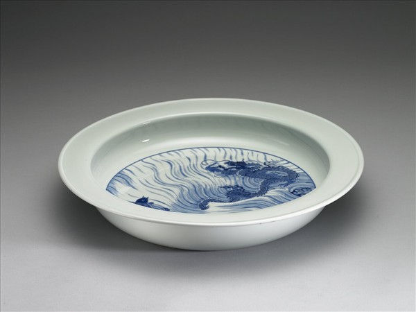 青花魚龍紋折沿洗