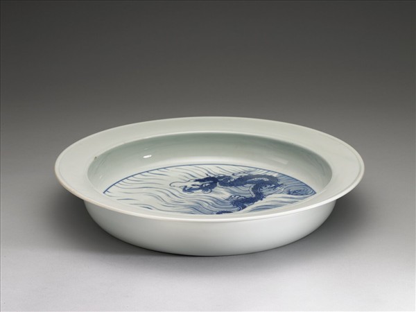 青花魚龍紋折沿洗