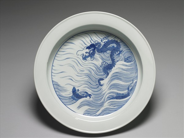 青花魚龍紋折沿洗