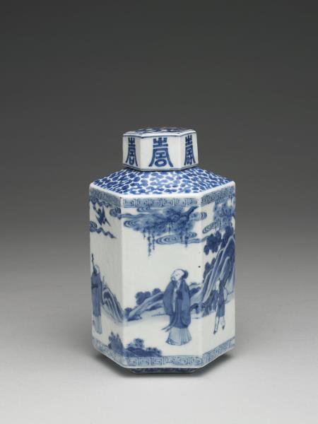 青花山水人物圖六方茶葉罐