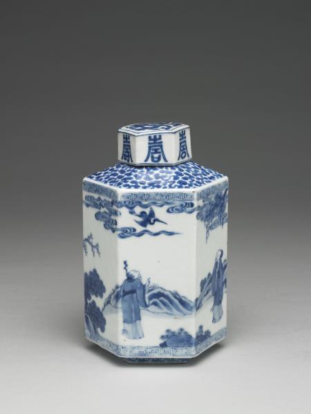 青花山水人物圖六方茶葉罐