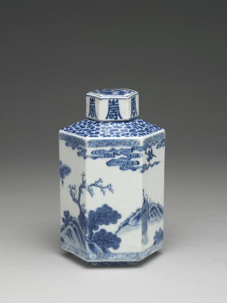 青花山水人物圖六方茶葉罐