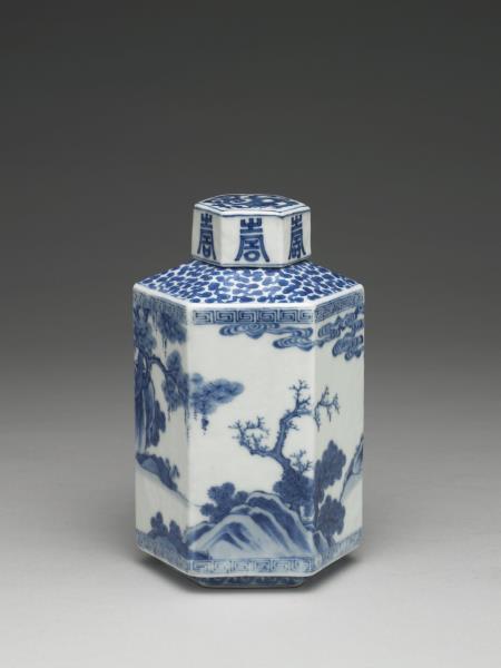 青花山水人物圖六方茶葉罐