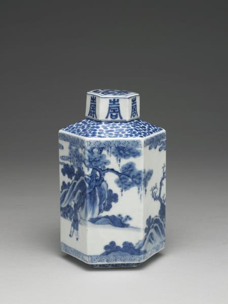 青花山水人物圖六方茶葉罐