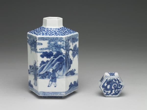 青花山水人物圖六方茶葉罐