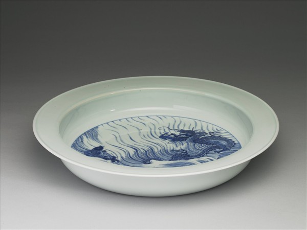 青花魚龍紋折沿洗