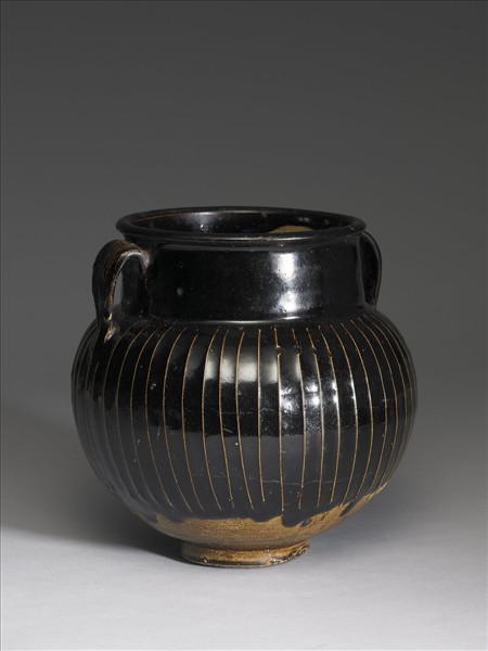 磁州窯 黑釉稜線罐