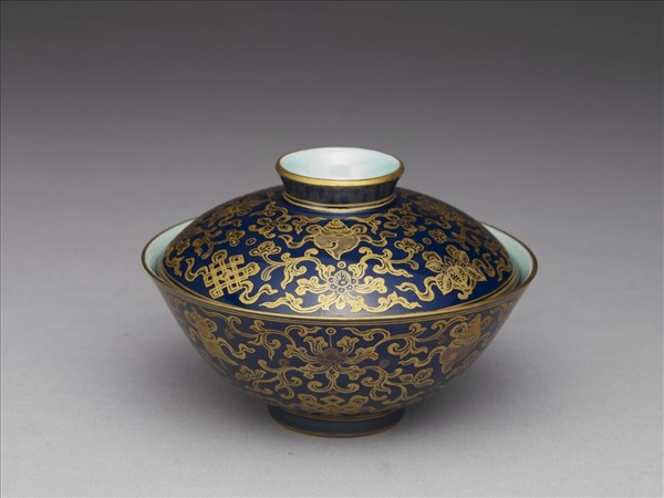 霽青釉描金蓋碗