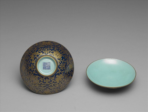 霽青釉描金蓋碗