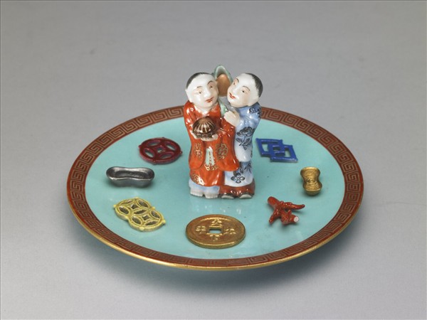 綠地粉彩和合二仙香插