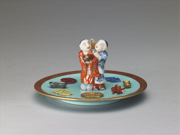 綠地粉彩和合二仙香插