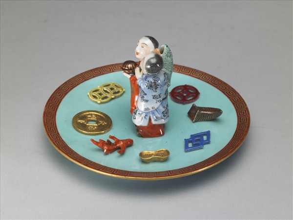 綠地粉彩和合二仙香插