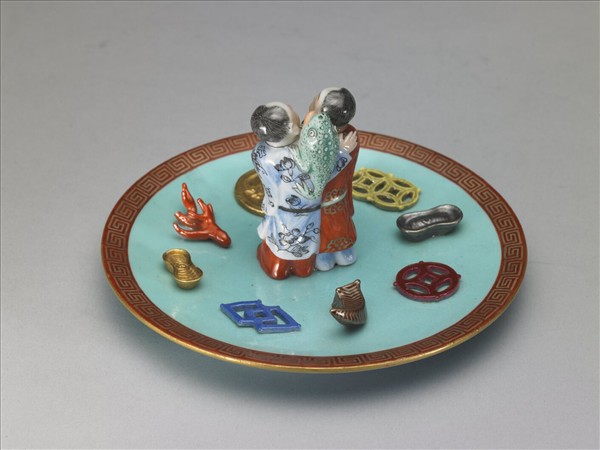 綠地粉彩和合二仙香插