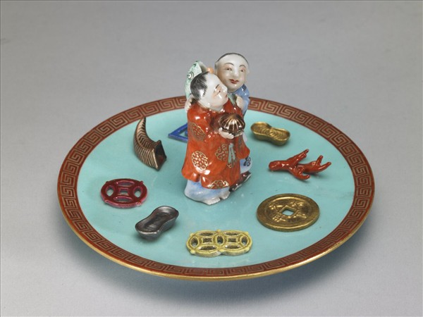 綠地粉彩和合二仙香插