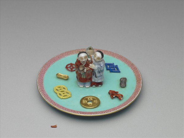 綠地粉彩和合二仙香插