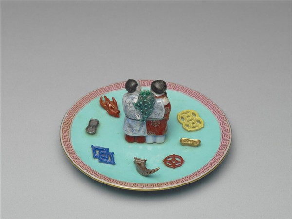 綠地粉彩和合二仙香插