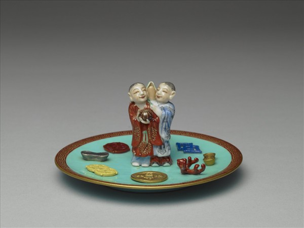 綠地粉彩和合二仙香插