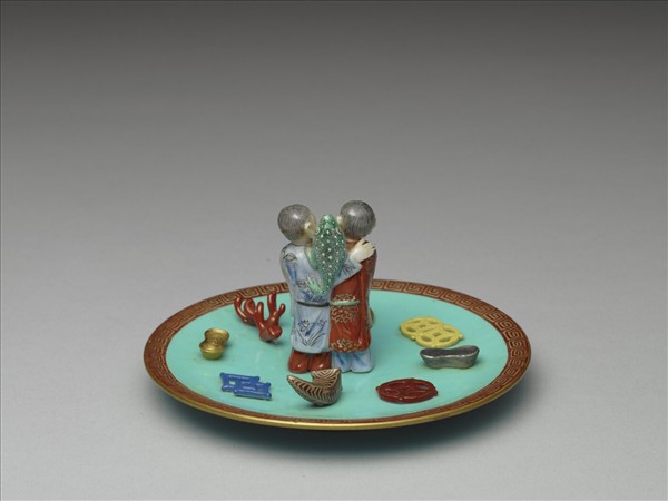 綠地粉彩和合二仙香插