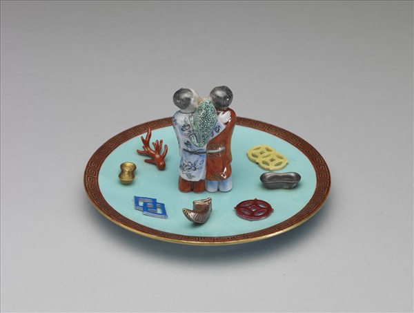 綠地粉彩和合二仙香插