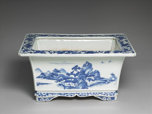 青花山水圖四方花盆