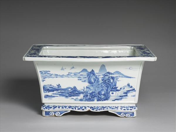 青花山水圖四方花盆
