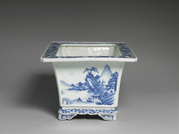 青花山水圖四方花盆