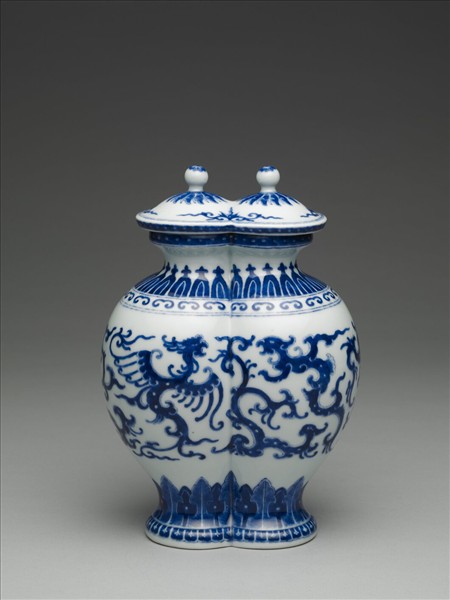 青花龍鳳紋雙連蓋罐