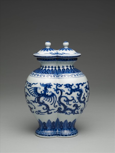青花龍鳳紋雙連蓋罐