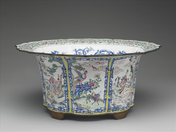 銅胎畫琺瑯開光福壽圖花盆