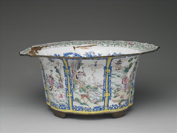 銅胎畫琺瑯開光福壽圖花盆