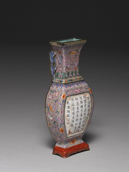 銅胎畫琺瑯開光御製詩文轎瓶