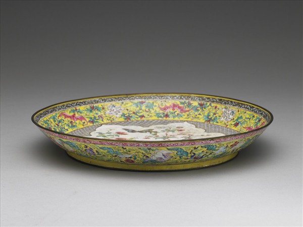 銅胎畫琺瑯黃地開光花卉盤