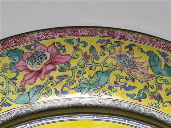銅胎畫琺瑯黃地開光花卉盤