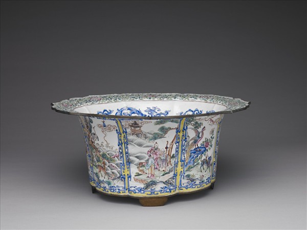 銅胎畫琺瑯開光福壽圖花盆