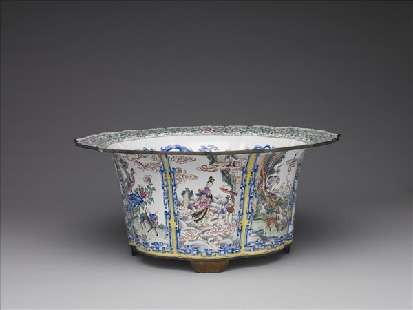 銅胎畫琺瑯開光福壽圖花盆