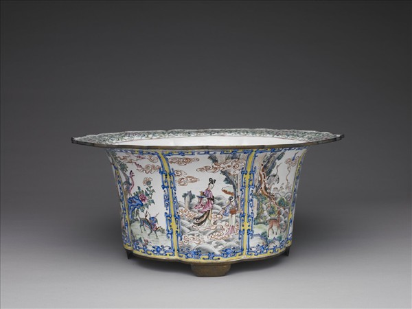 銅胎畫琺瑯開光福壽圖花盆