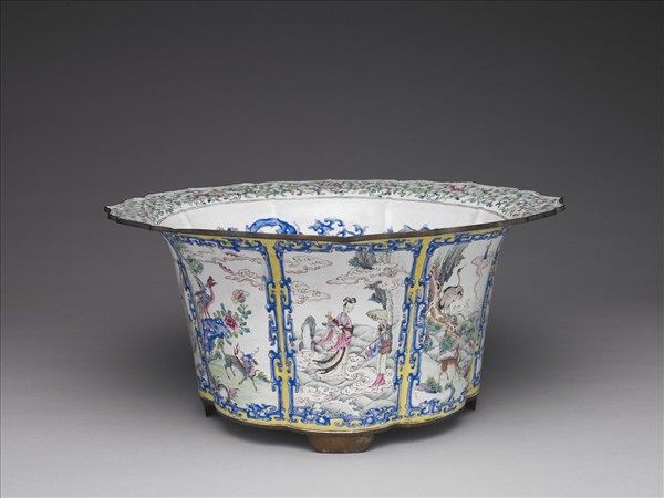 銅胎畫琺瑯開光福壽圖花盆