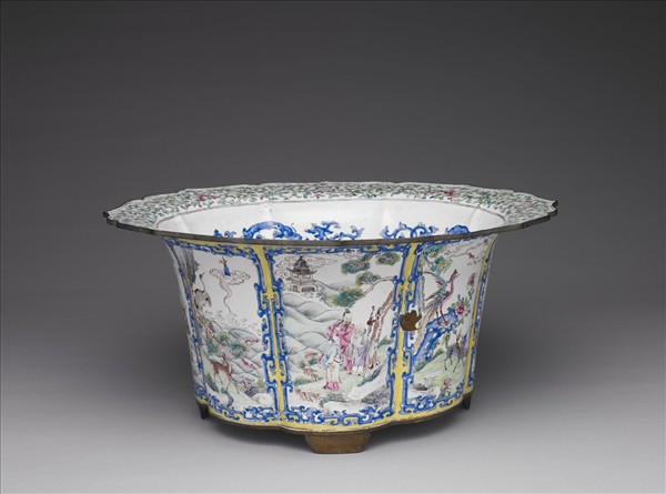 銅胎畫琺瑯開光福壽圖花盆