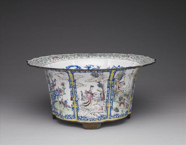 銅胎畫琺瑯開光福壽圖花盆