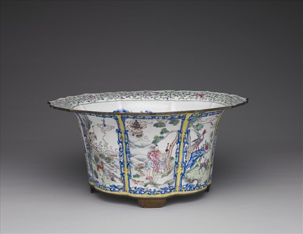 銅胎畫琺瑯開光福壽圖花盆