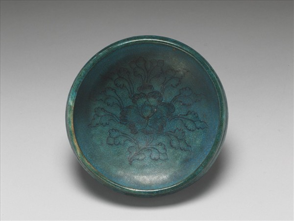 磁州窯 翠藍釉黑花洗