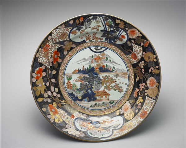 有田窯 描金花卉山水圖盤