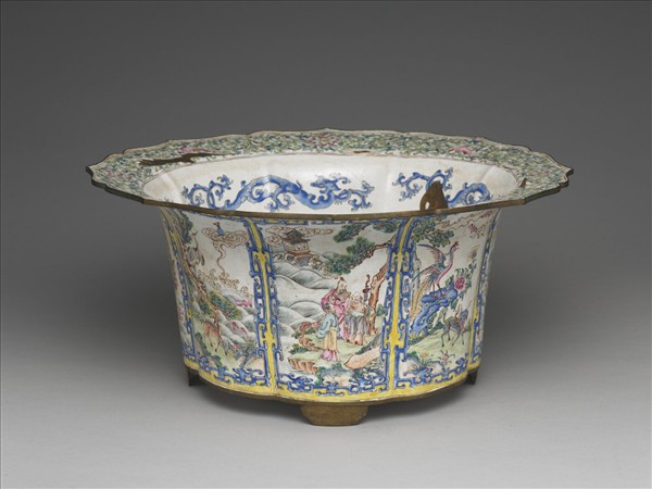 銅胎畫琺瑯開光福壽圖花盆