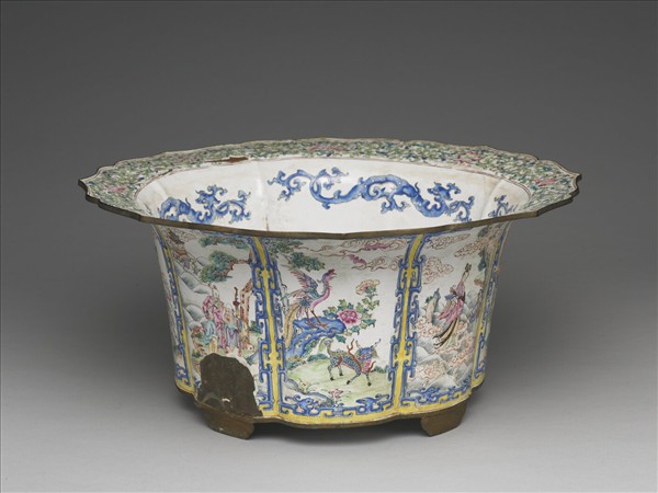 銅胎畫琺瑯開光福壽圖花盆