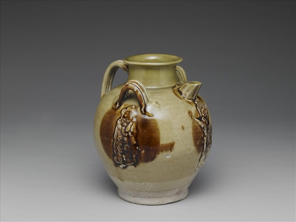 長沙窯 黃釉綠褐彩人物貼花水注