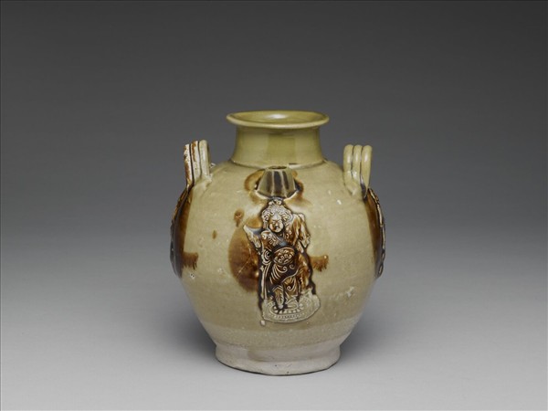 長沙窯 黃釉綠褐彩人物貼花水注