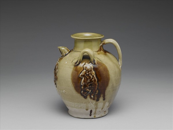 長沙窯 黃釉綠褐彩人物貼花水注