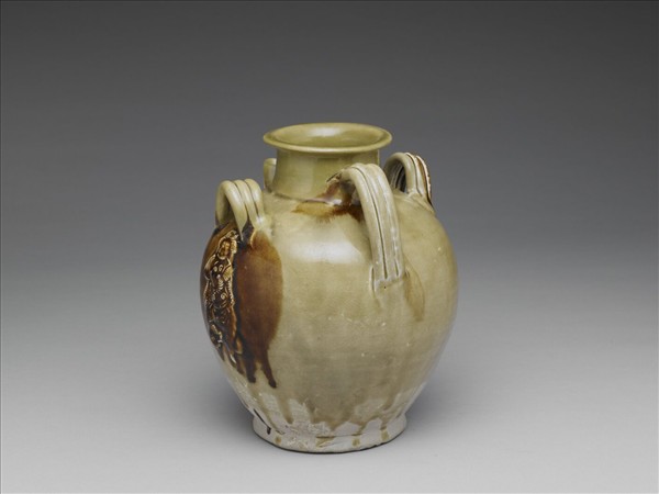 長沙窯 黃釉綠褐彩人物貼花水注